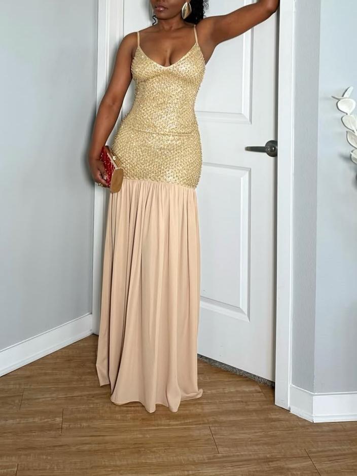 Stunning Champagne Pleated Maxi Dress