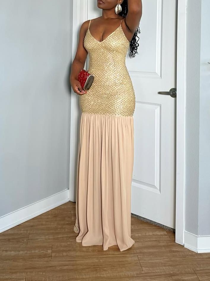 Stunning Champagne Pleated Maxi Dress