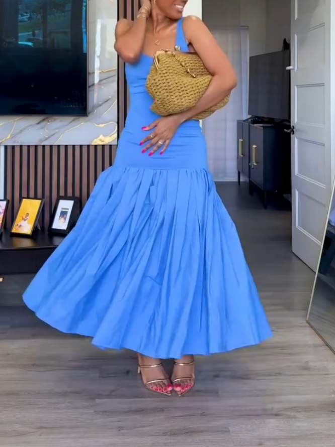 Elegant Blue Pleated Midi Dress