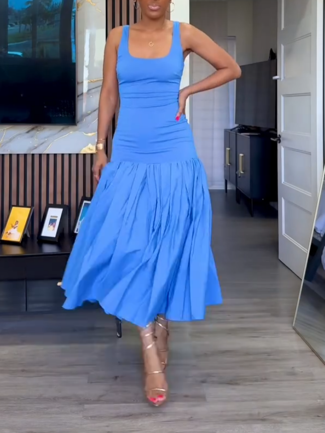 Elegant Blue Pleated Midi Dress