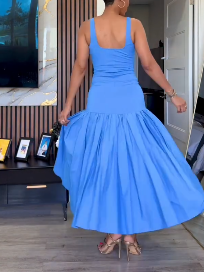 Elegant Blue Pleated Midi Dress
