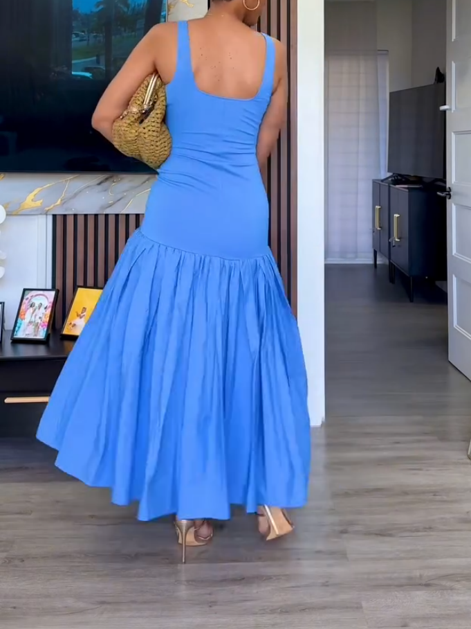Elegant Blue Pleated Midi Dress