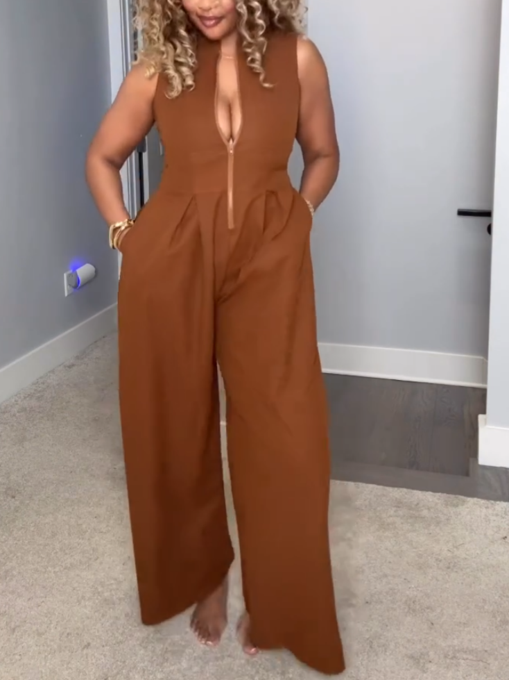 Casual Brown Zip Jumpsuit