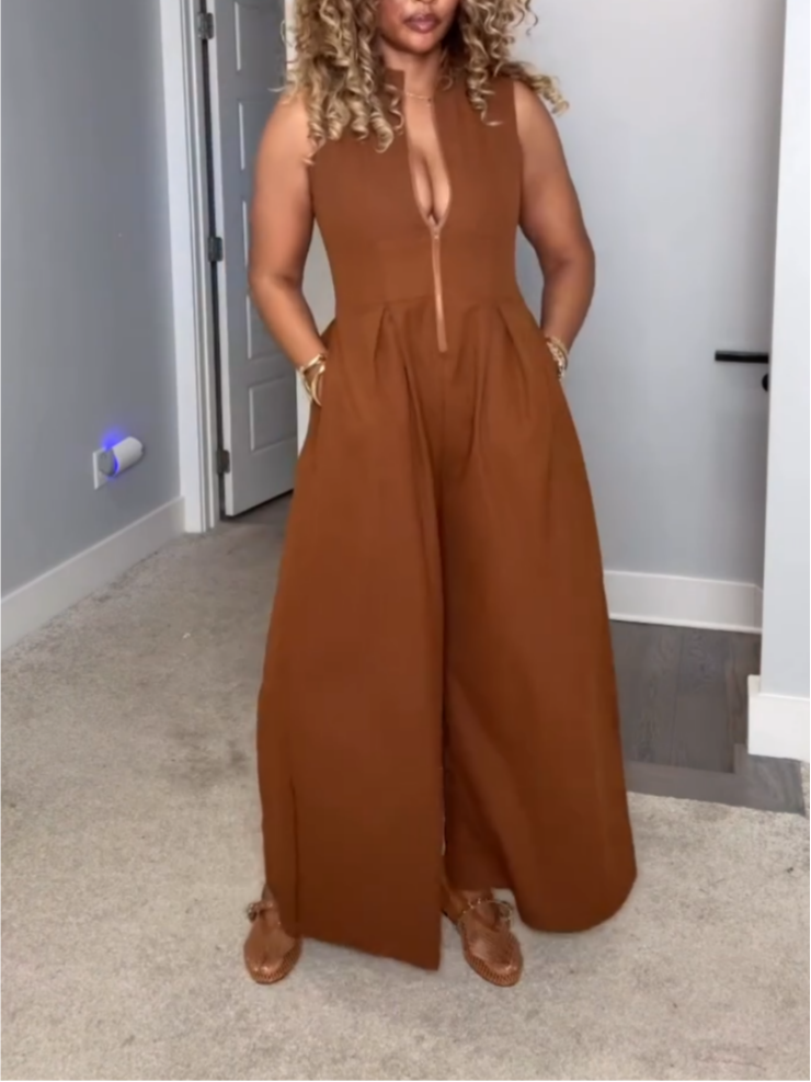 Casual Brown Zip Jumpsuit