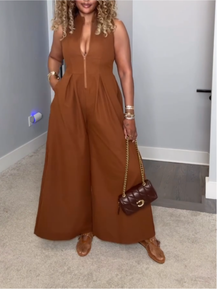 Casual Brown Zip Jumpsuit