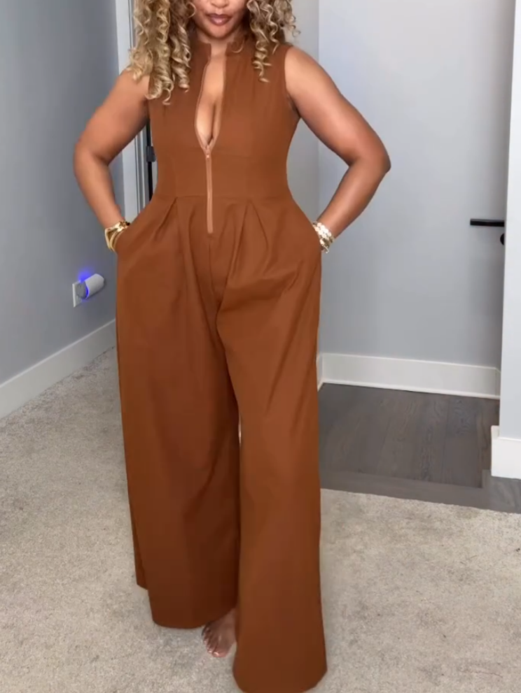 Casual Brown Zip Jumpsuit
