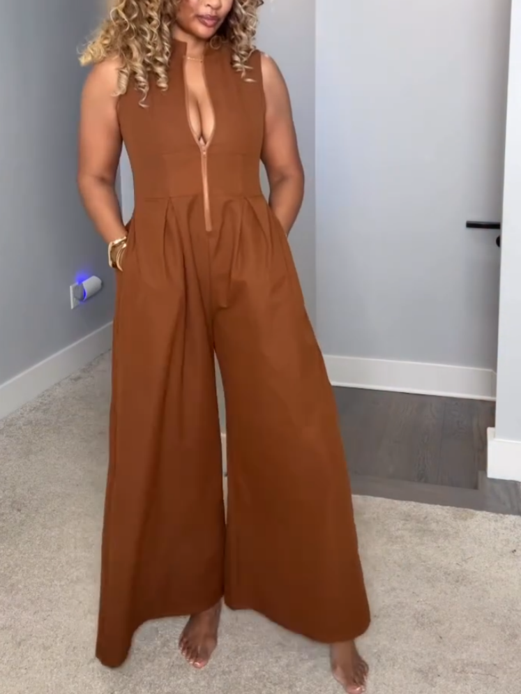 Casual Brown Zip Jumpsuit