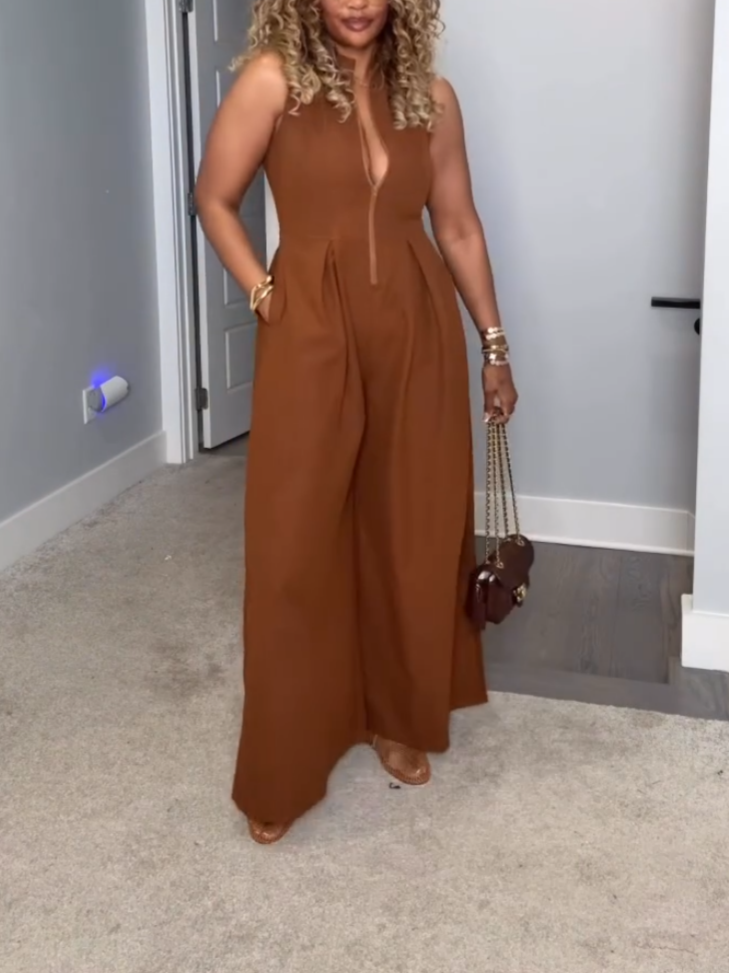 Casual Brown Zip Jumpsuit