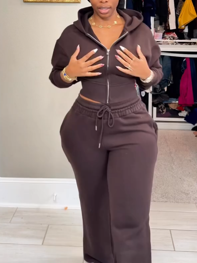 Brown Hooded Tracksuit Two-piece Set