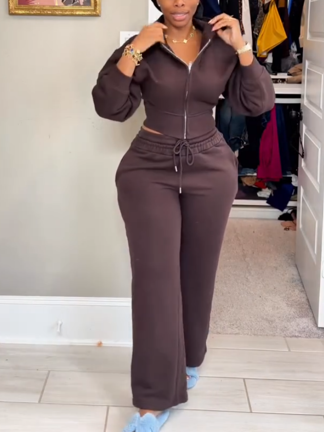 Brown Hooded Tracksuit Two-piece Set