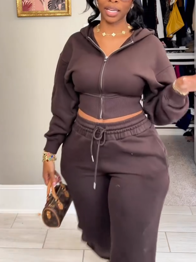 Brown Hooded Tracksuit Two-piece Set