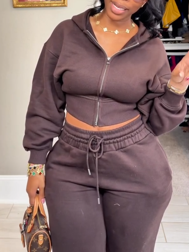Brown Hooded Tracksuit Two-piece Set