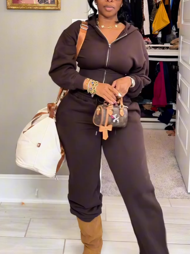 Brown Hooded Tracksuit Two-piece Set