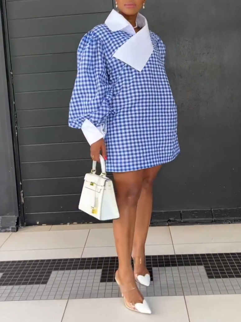 Blue Check Print Shirt Dress