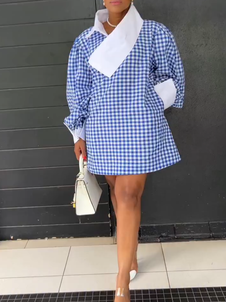 Blue Check Print Shirt Dress