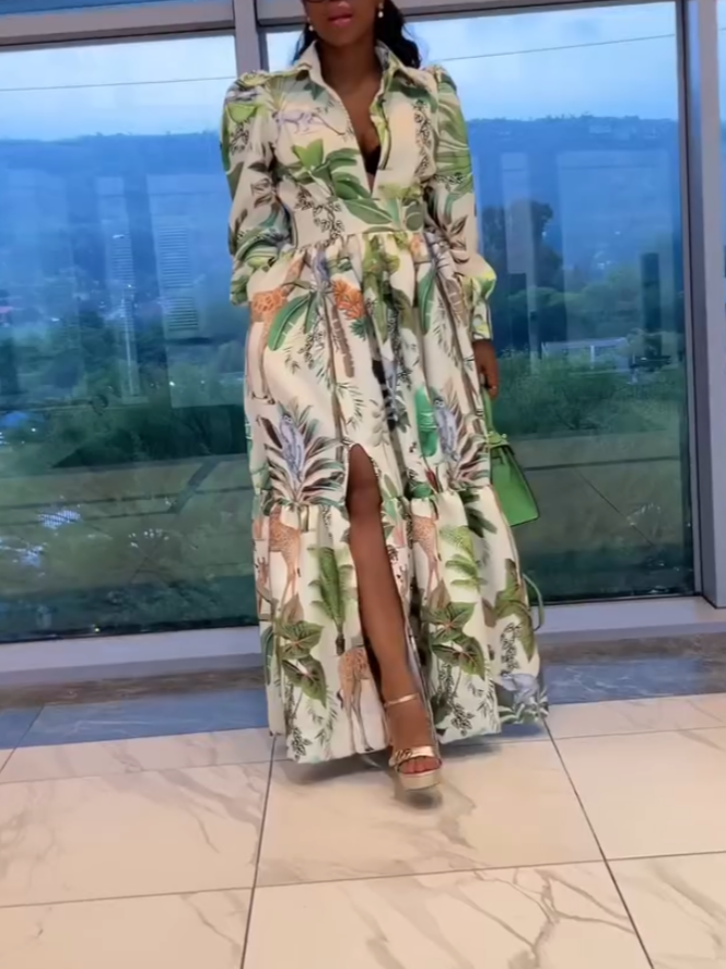 Green Floral-Print V-Neck Maxi Dress