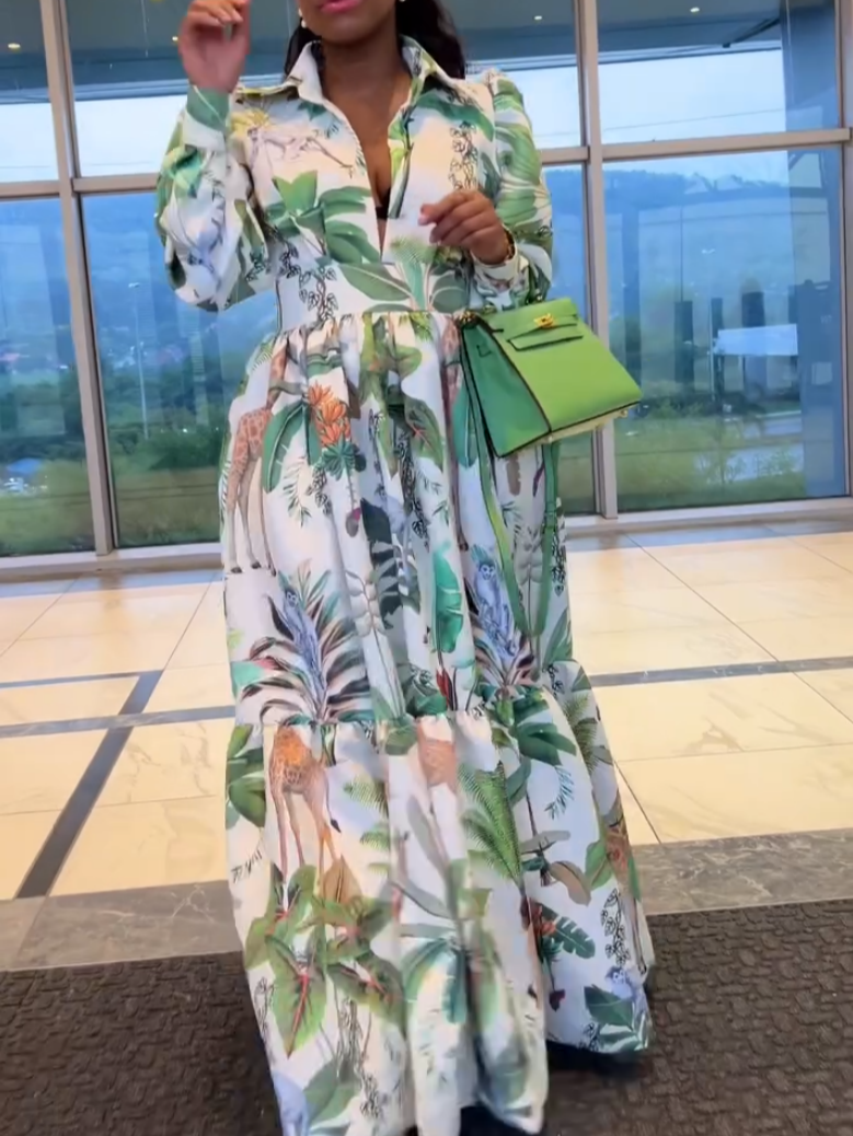 Green Floral-Print V-Neck Maxi Dress