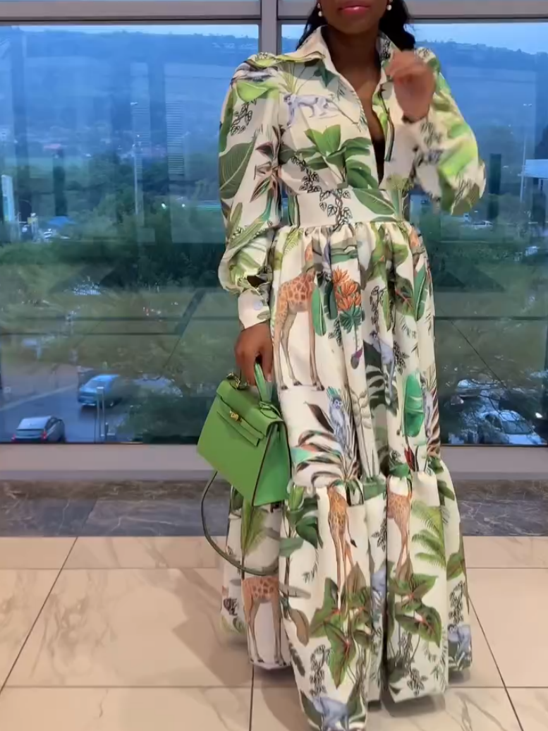 Green Floral-Print V-Neck Maxi Dress