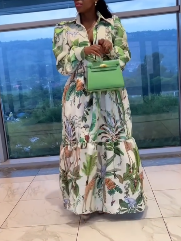 Green Floral-Print V-Neck Maxi Dress