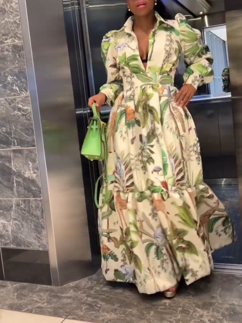 Green Floral-Print V-Neck Maxi Dress