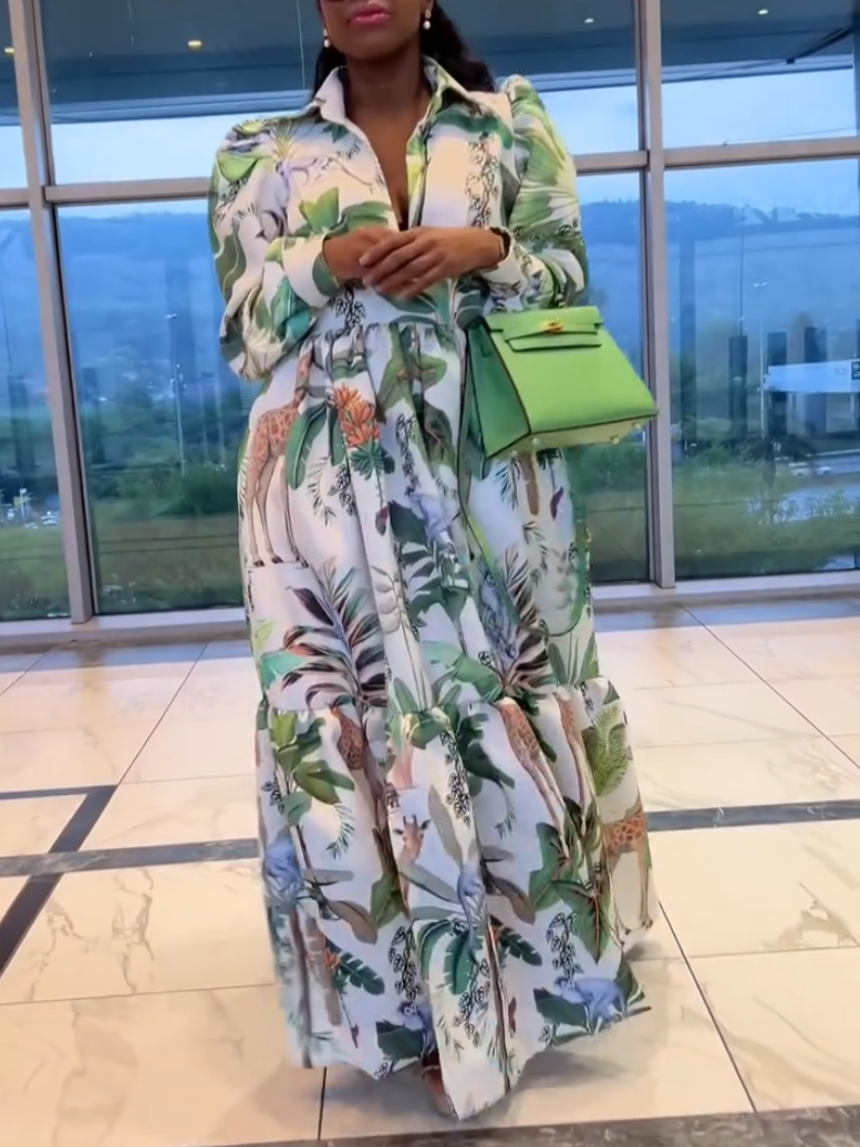 Green Floral-Print V-Neck Maxi Dress