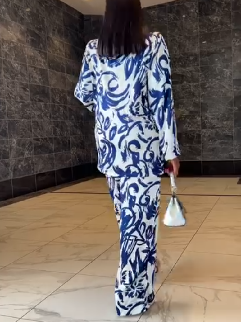 Elegant Blue Printed Shirt Two-Piece Set