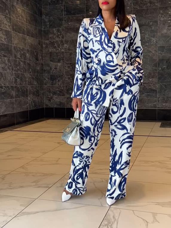 Elegant Blue Printed Shirt Two-Piece Set