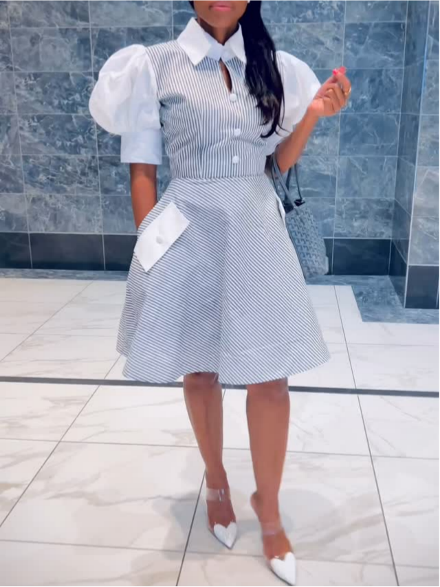 Casual Grey Striped Print Shirt Dress