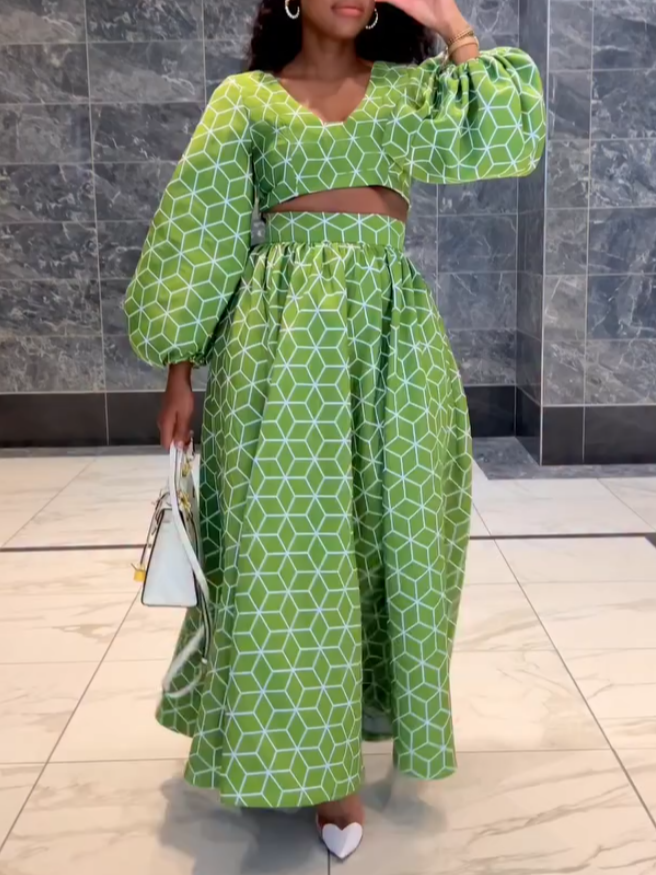 Green Rhomboid Print Two-Piece Set