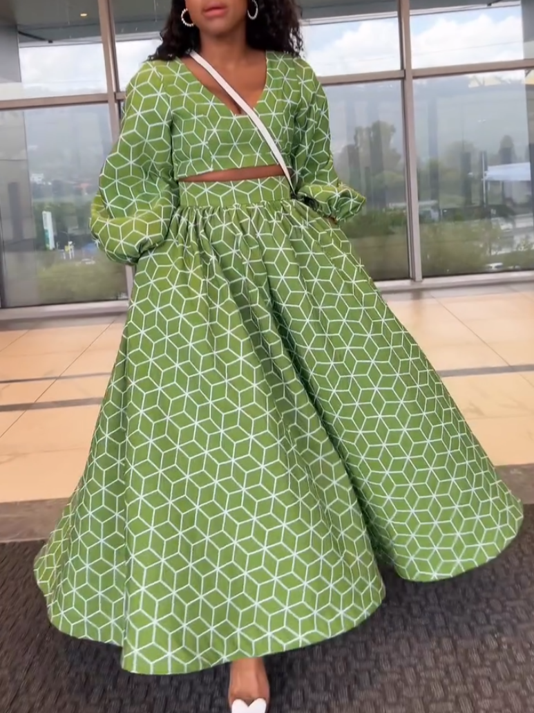 Green Rhomboid Print Two-Piece Set