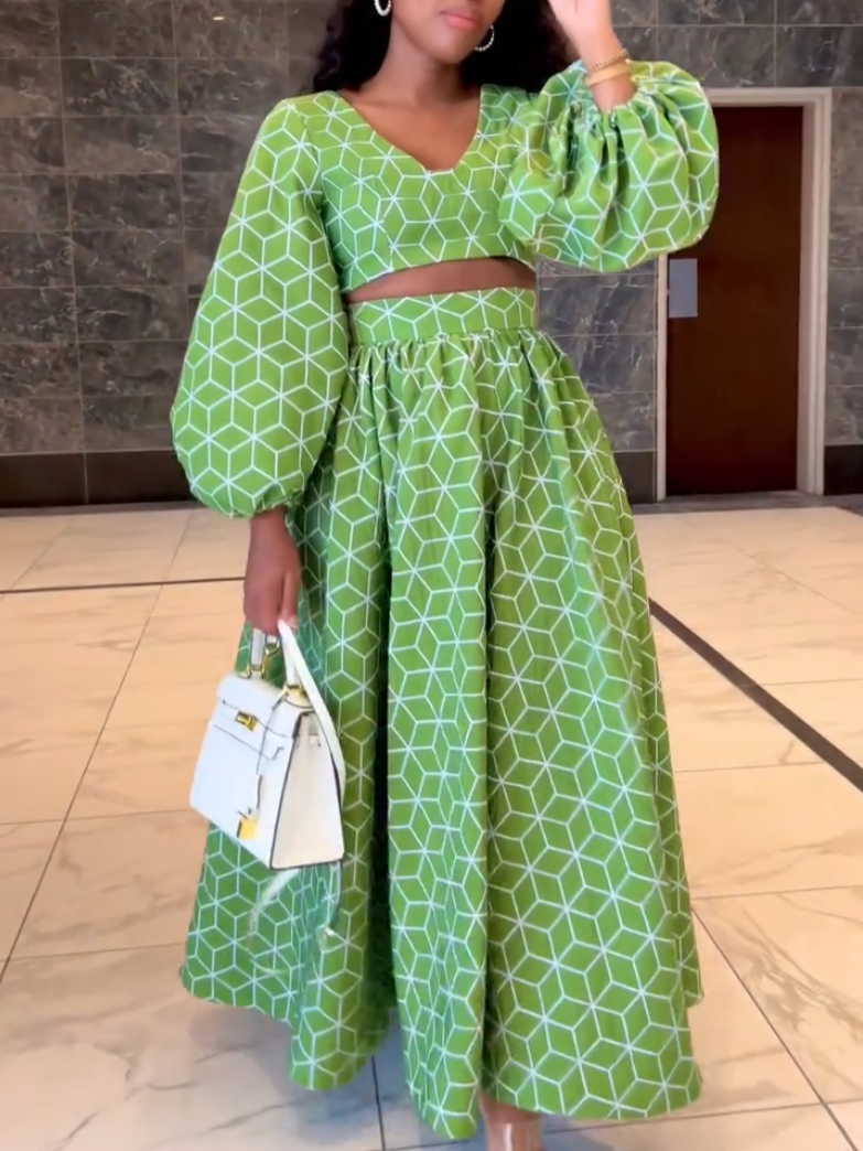 Green Rhomboid Print Two-Piece Set