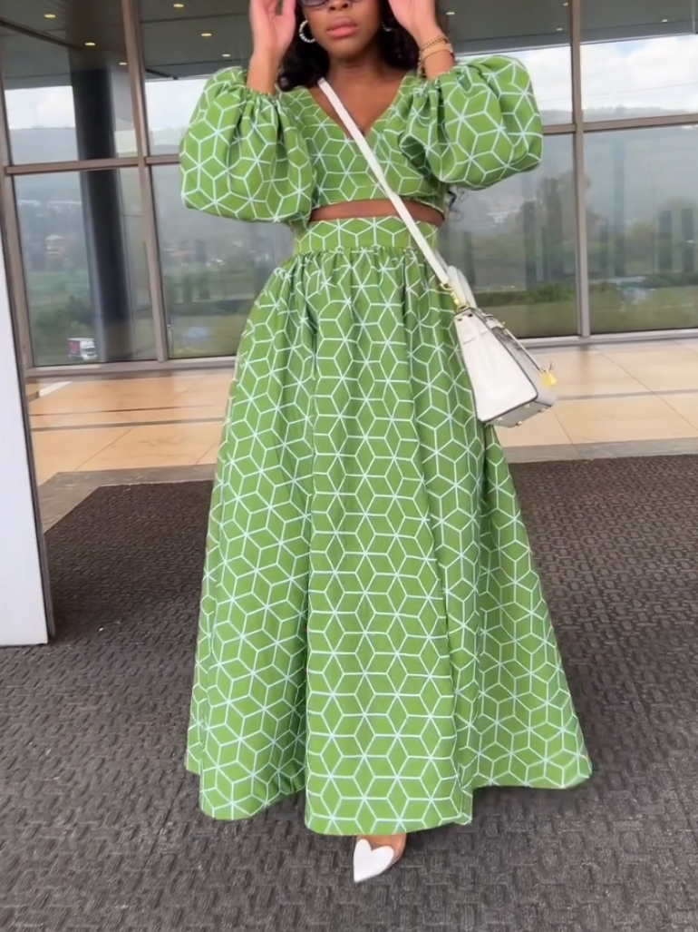 Green Rhomboid Print Two-Piece Set