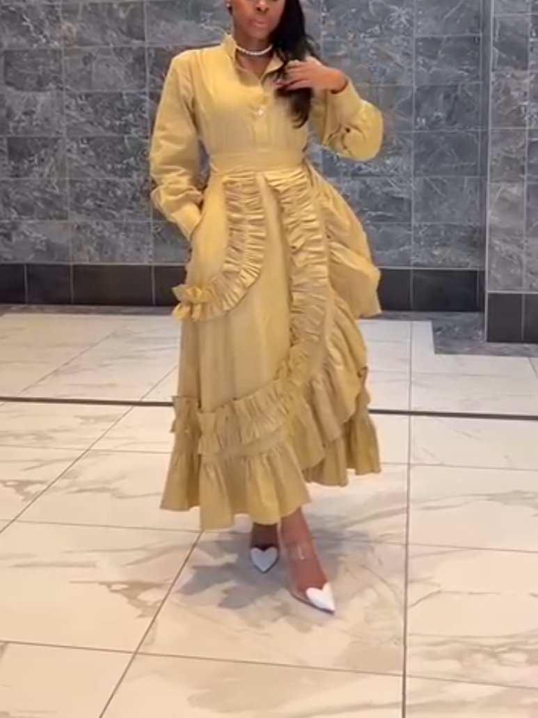 Elegant Yellow Ruffle Long Sleeve Dress