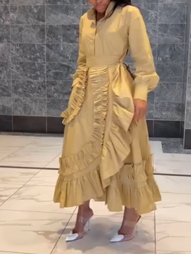 Elegant Yellow Ruffle Long Sleeve Dress