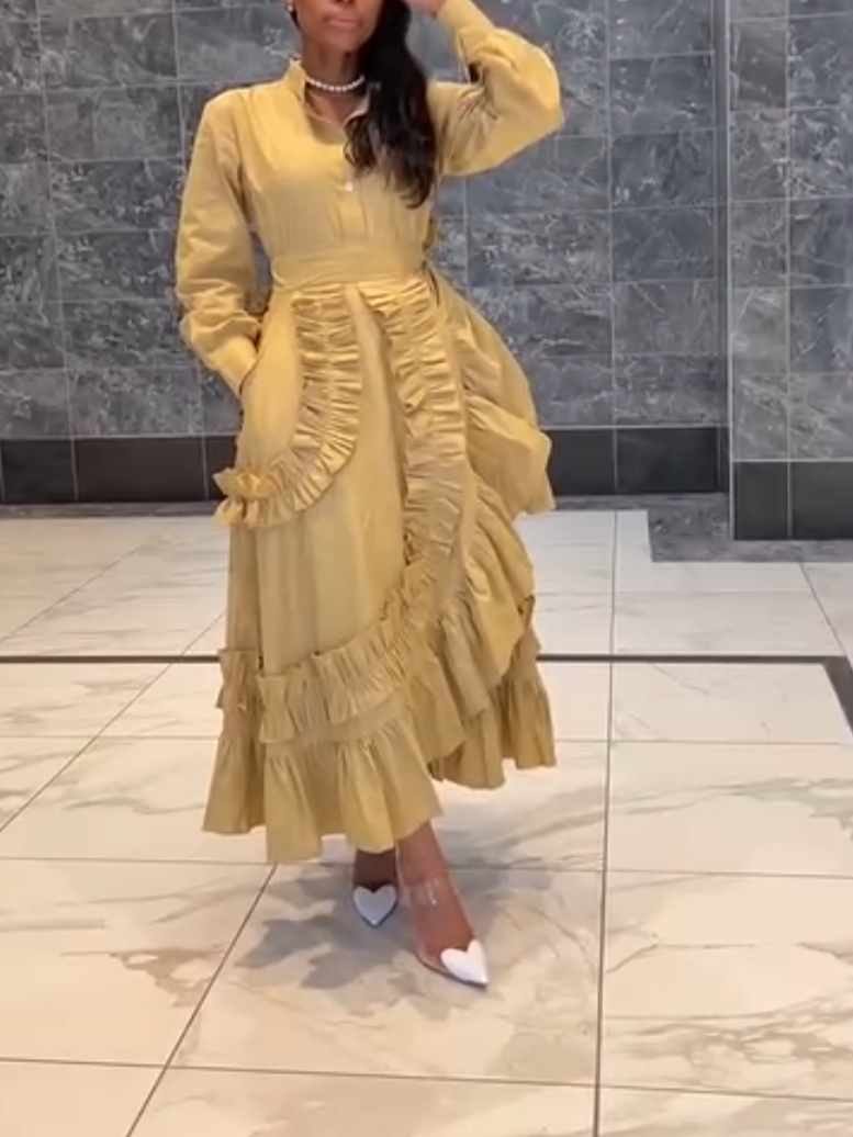 Elegant Yellow Ruffle Long Sleeve Dress