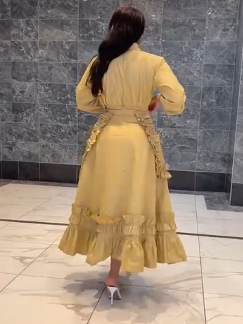 Elegant Yellow Ruffle Long Sleeve Dress