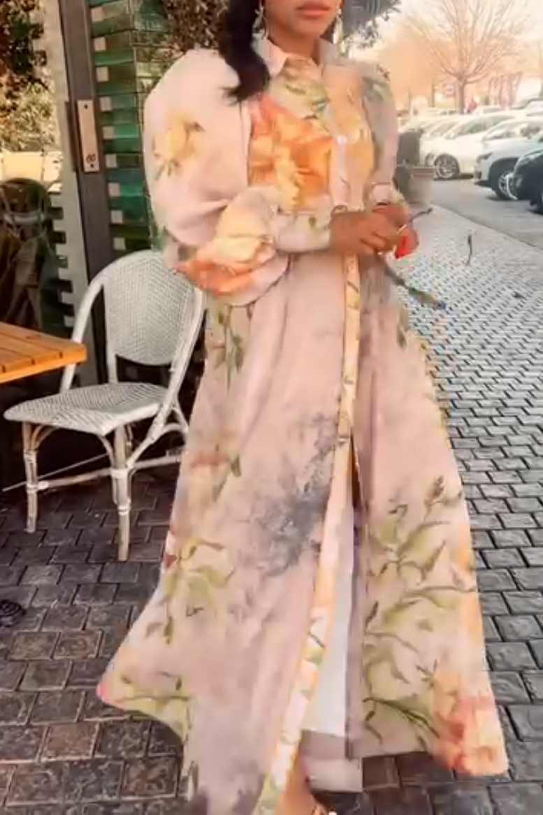 Elegant Floral Print Lace-Up Maxi Dress