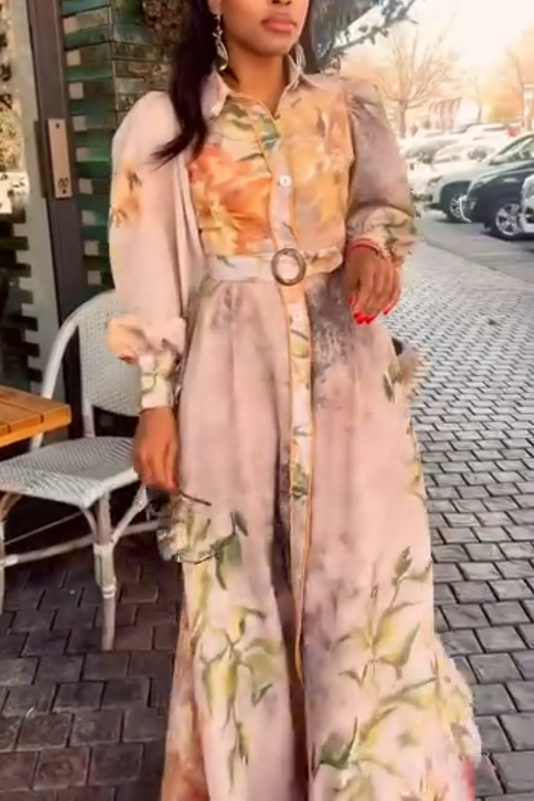 Elegant Floral Print Lace-Up Maxi Dress