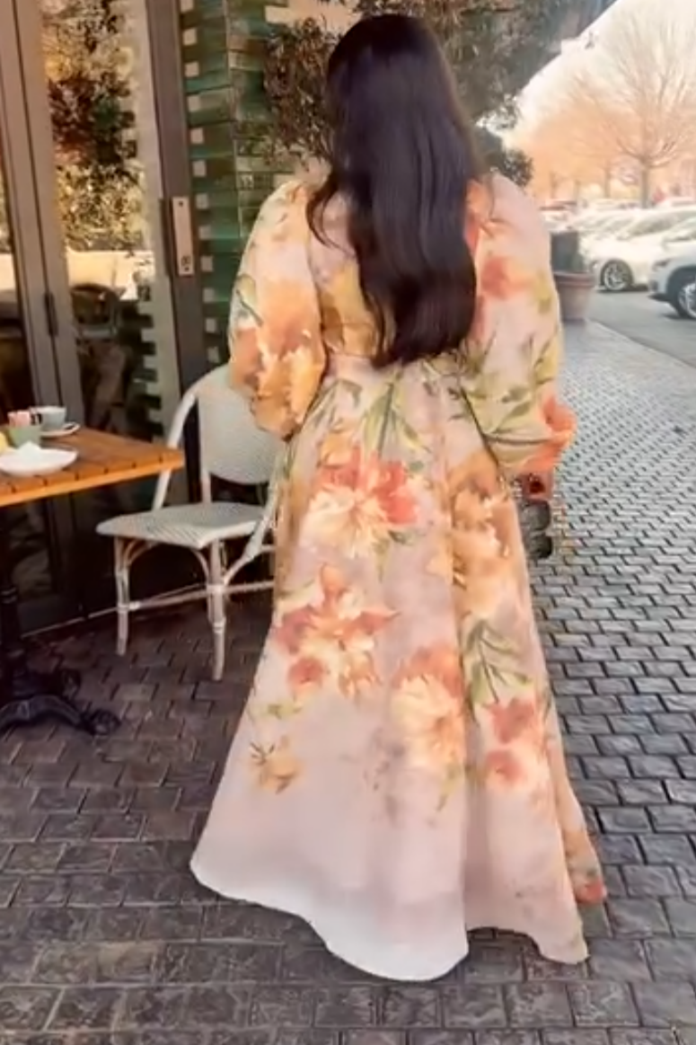 Elegant Floral Print Lace-Up Maxi Dress