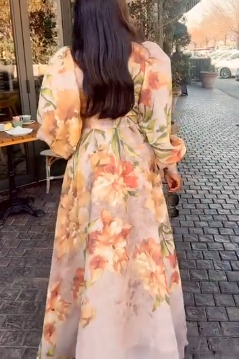 Elegant Floral Print Lace-Up Maxi Dress