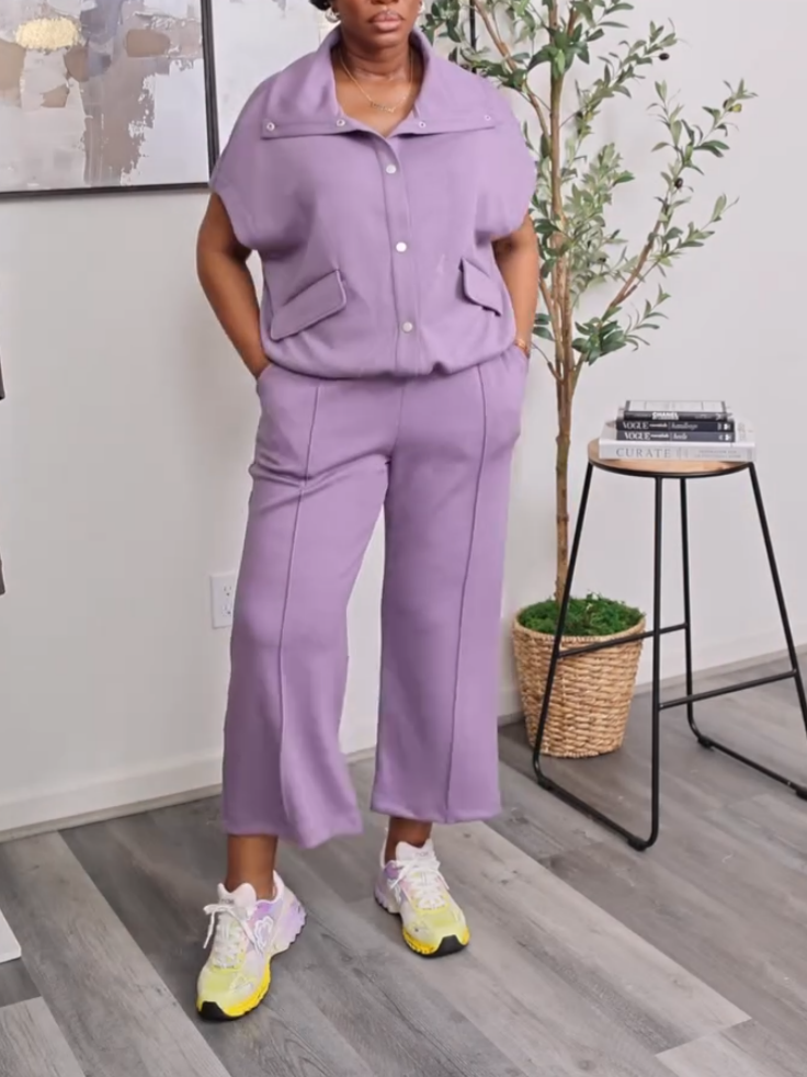 Casual Shirt Button Purple Two-piece Set