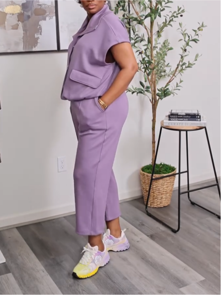 Casual Shirt Button Purple Two-piece Set