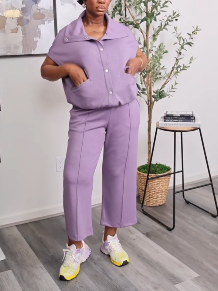 Casual Shirt Button Purple Two-piece Set