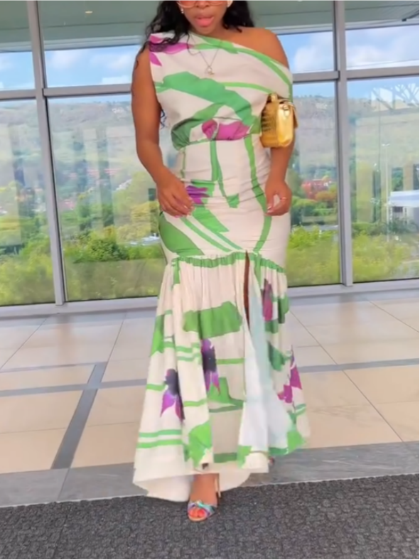 Green Floral-Print One-Shoulder Dress