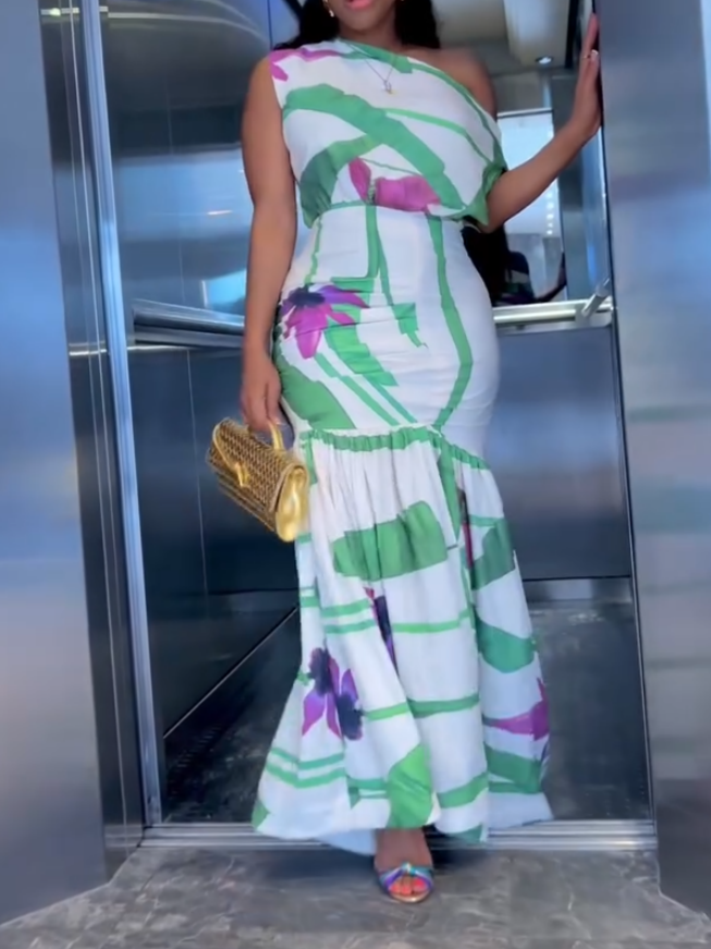 Green Floral-Print One-Shoulder Dress