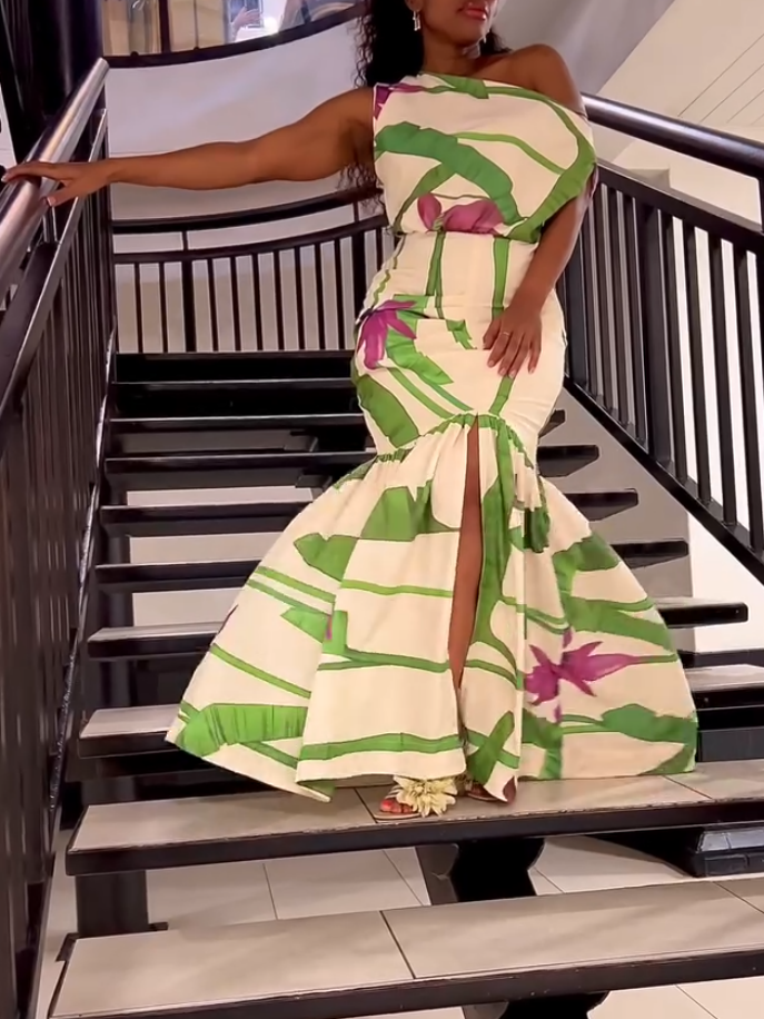 Green Floral-Print One-Shoulder Dress