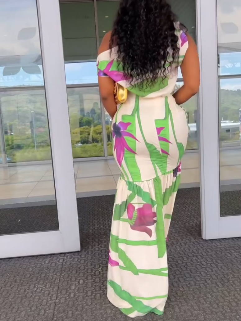 Green Floral-Print One-Shoulder Dress