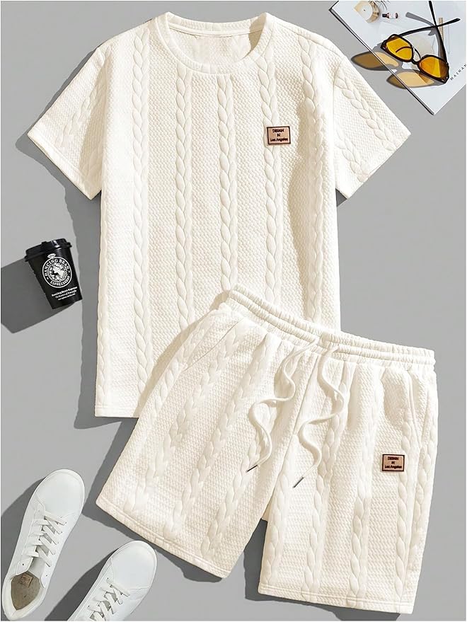 Men's Knitted Letter Stitching Round Neck 2-piece Set
