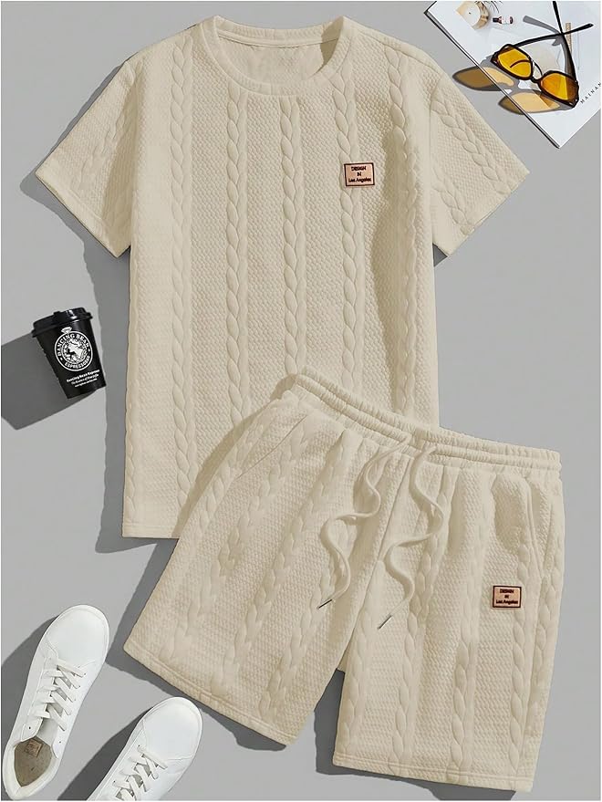 Men's Knitted Letter Stitching Round Neck 2-piece Set