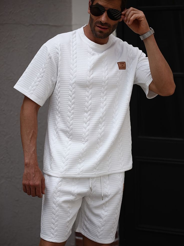 Men's Knitted Letter Stitching Round Neck 2-piece Set